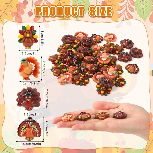 50 Pcs Thanksgiving Turkey Charms, Mini Resin Turkey Flatback Turkey Embellishme - Picture 3 of 7